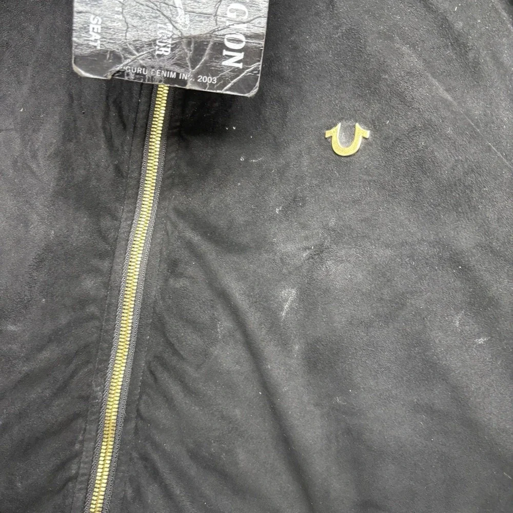 True Religion Bomber Jacket Mens Large Black Blue Suede Full Zip Chevron NWT